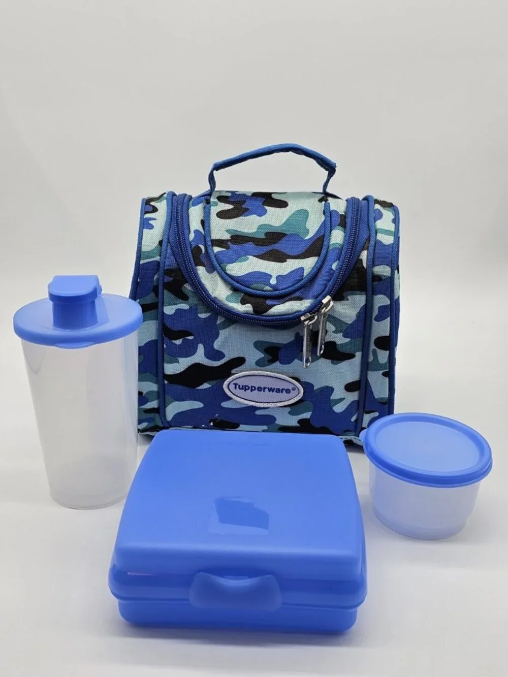Tupperware Lunch Box Blue Camouflage Lunchbox Cup Container Sandwich Keeper 4 Pc